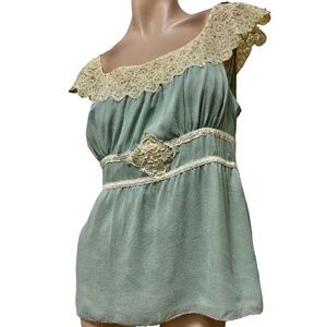 INTUITIONS Silk Blouse 12 Light Aqua w Lace & Pearl Beaded Collar Silk
